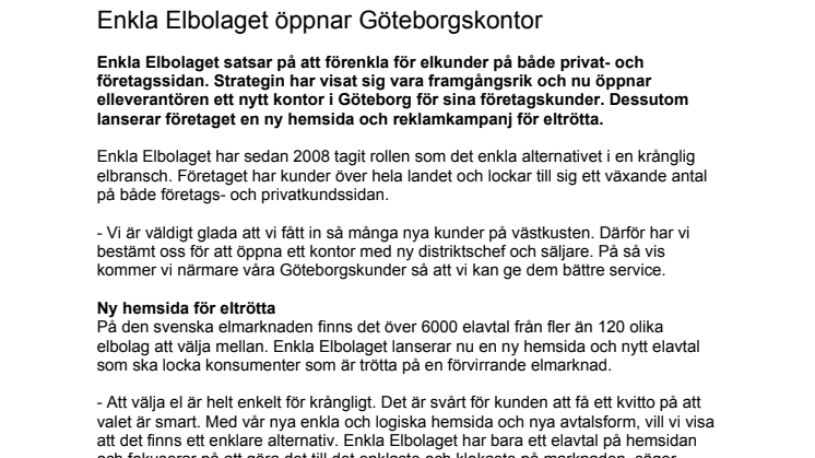 Enkla Elbolaget öppnar Göteborgskontor 