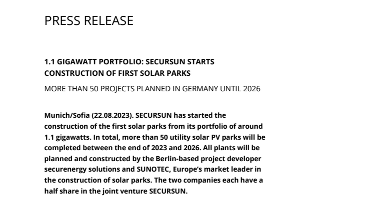 Press release: 1.1 gigawatt portfolio: SECURSUN starts construction of first solar parks