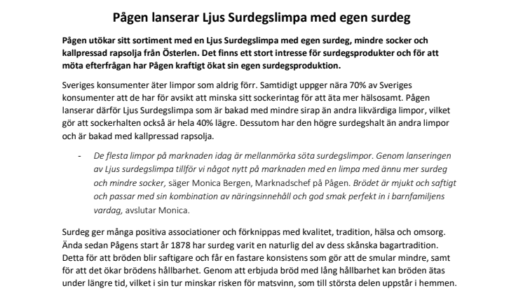 Pågen lanserar Ljus Surdegslimpa med egen surdeg