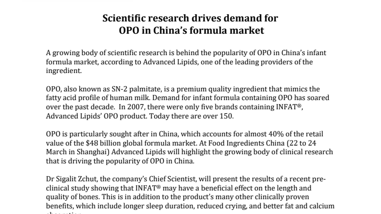 PRESS RELEASE - Scientific research drives demand for  OPO in China’s formula market