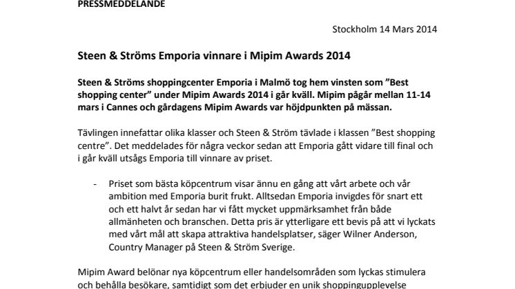 Steen & Ströms Emporia vinnare i Mipim Awards 2014