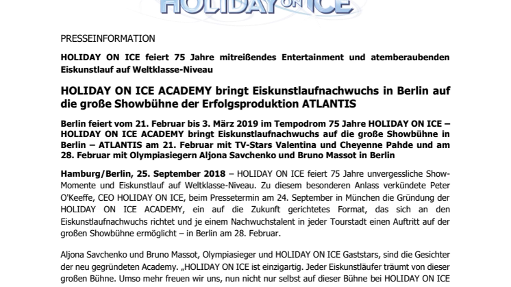 HOLIDAY ON ICE ACADEMY bringt Eiskunstlaufnachwuchs in Berlin auf die große Showbühne der Erfolgsproduktion ATLANTIS