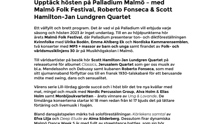 Upptäck hösten på Palladium Malmö – med Malmö Folk Festival, Roberto Fonseca & Scott Hamilton-Jan Lundgren Quartet