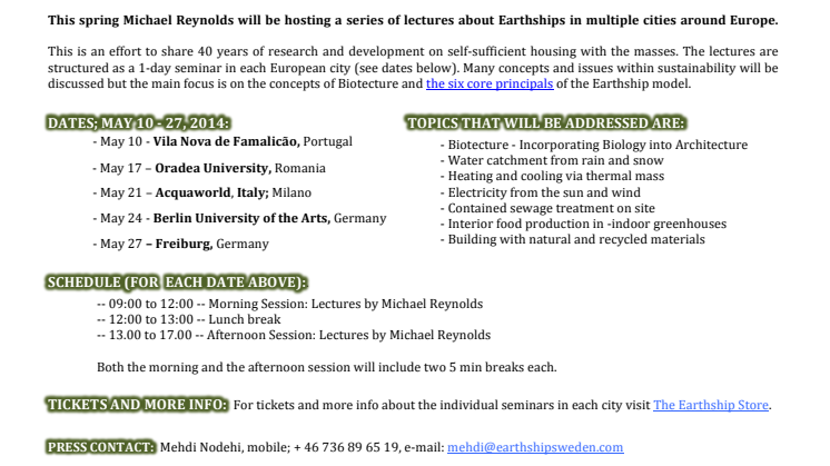 European Earthship Lecture Tour with Michael Reynolds