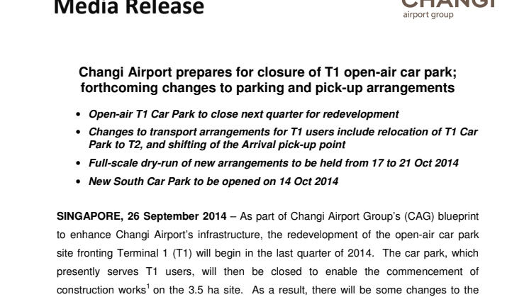 Changi Airport prepares for closure of T1 open-air car park; forthcoming changes to parking and pick-up arrangements 