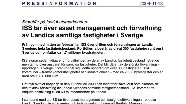 Storaffär på fastighetsmarknaden - ISS tar över asset management och förvaltning av Landics samtliga fastigheter i Sverige
