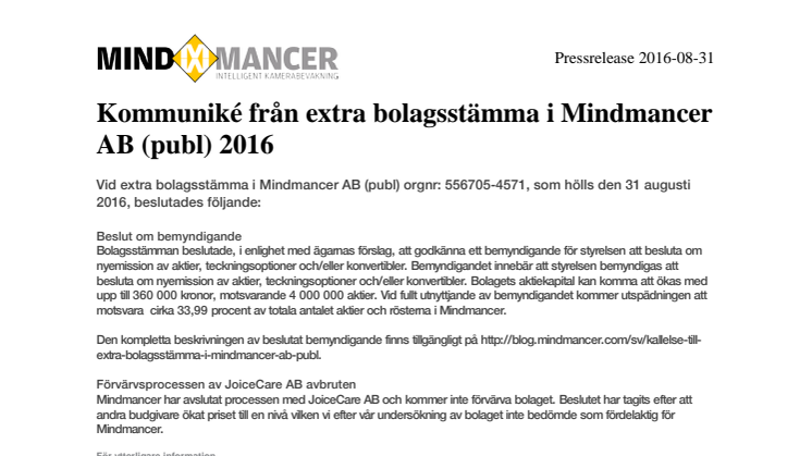 Kommuniké från extra bolagsstämma i Mindmancer AB (publ) 2016
