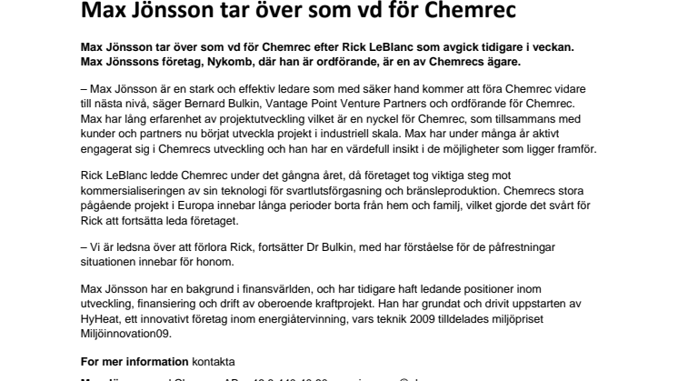 Max Jönsson tar över som vd för Chemrec