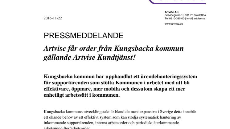 Artvise får order från Kungsbacka kommun gällande Artvise Kundtjänst!