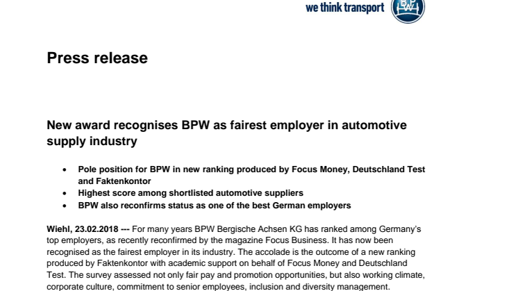 New award recognises BPW as fairest employer in automotive supply industry