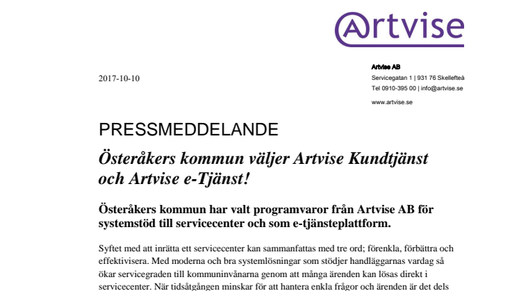 Österåkers kommun väljer Artvise Kundtjänst och Artvise e-Tjänst!