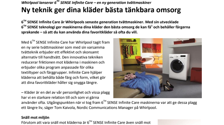 Whirlpool lanserar 6TH SENSE Infinite Care – en ny generation tvättmaskiner: Ny teknik ger dina kläder bästa tänkbara omsorg 