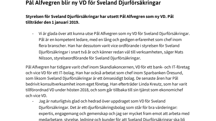 Pål Alfvegren blir ny VD för Sveland Djurförsäkringar
