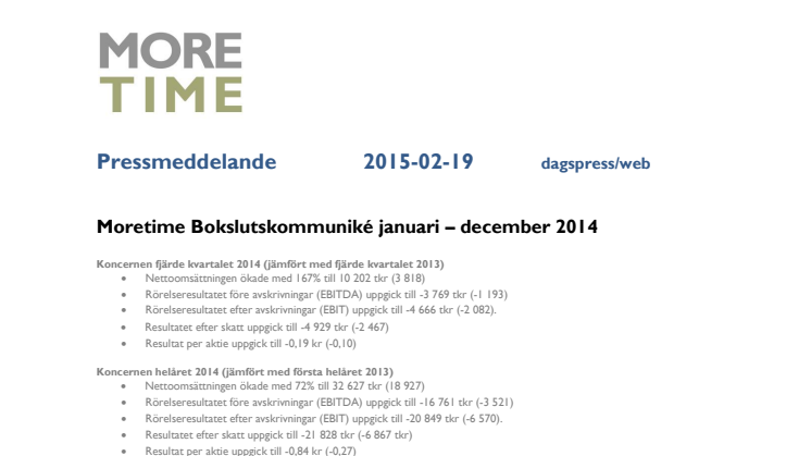 Moretime Bokslutskommuniké januari – december 2014
