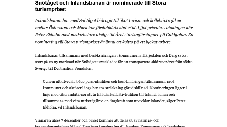 Snötåget och Inlandsbanan är nominerade till Stora turismpriset 