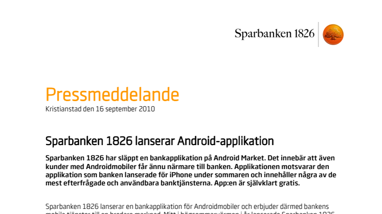 Sparbanken 1826 lanserar Android-applikation