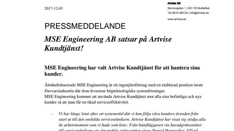 MSE Engineering AB satsar på Artvise Kundtjänst!