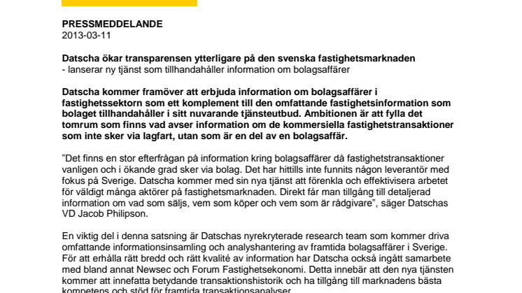 Datscha ökar transparensen ytterligare på den svenska fastighetsmarknaden  - lanserar ny tjänst som tillhandahåller information om bolagsaffärer 