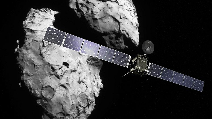 Rymdsonden Rosetta kretsade runt kometen 67P/Churyumov-Gerasimenko i två år 2014-2016. Analysen av mätningarna pågår ännu och har nu lett till upptäckten att det från jorden välbekanta norrskenet även finns i denna främmande miljö. Cred: ESA. 