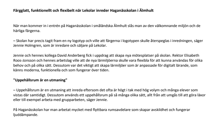 ​Färgglatt, funktionellt och flexibelt när Lekolar inreder Haganässkolan i Älmhult