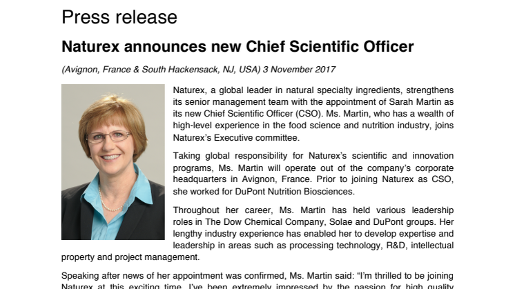 PRESS RELEASE: Naturex announces new Chief Scientific Officer