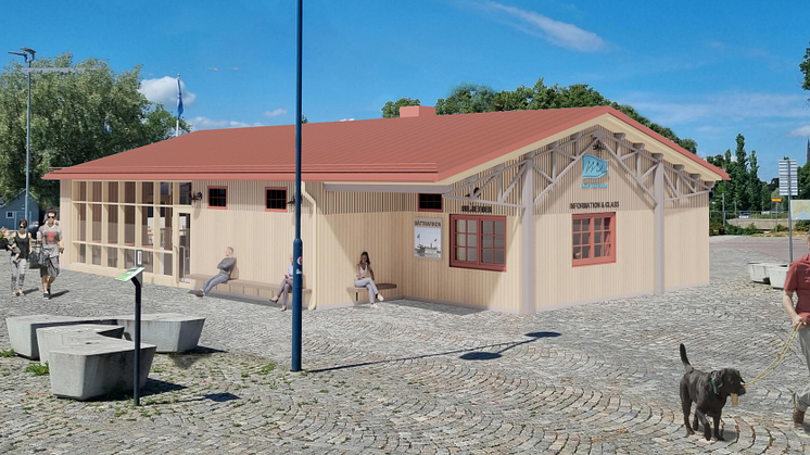 Så här kan det nya Hamnmagasinet Färjkajen komma att se ut. Både restaurang och biljetthantering ska finnas i den nya byggnaden.