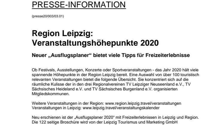 Leipzig Region: Veranstaltungshöhepunkte 2020