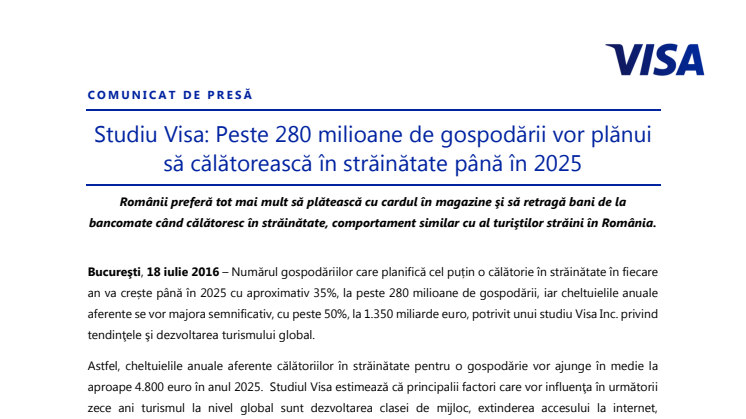 Studiu Visa: Peste 280 milioane de gospodării vor plănui să călătorească în străinătate până în 2025