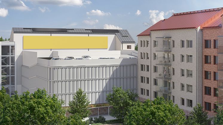 Väggen som kommer att utsmyckas på det nya ABK-huset i Östermalms Park. Illustration: ABK / PE Teknik & Arkitektur