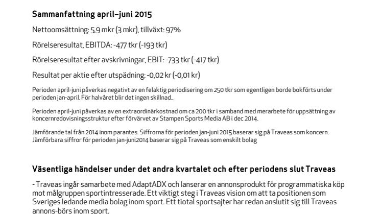 TRAVEAS AB DELÅRSRAPPORT APRIL-JUNI 2015