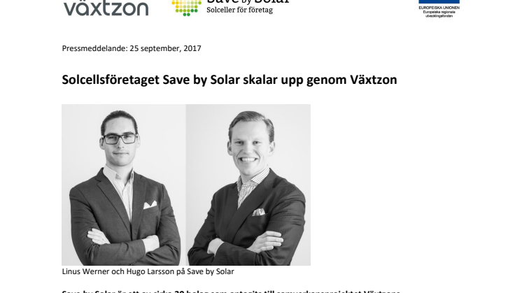 Solcellsföretaget Save by Solar skalar upp genom Växtzon