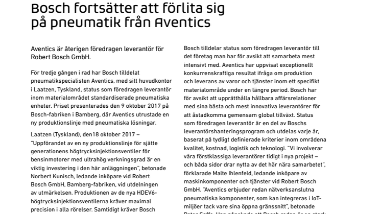 Bosch fortsätter att förlita sig på pneumatik från Aventics