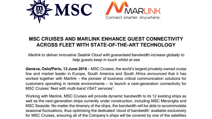 Marlink: MSC Cruises and Marlink Enhance Guest Connectivity Across Fleet with State-of-the-Art Technology