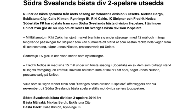 Södra Svealands bästa div 2-spelare utsedda