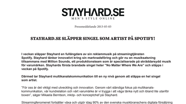 Stayhard.se släpper singel som artist på Spotify!