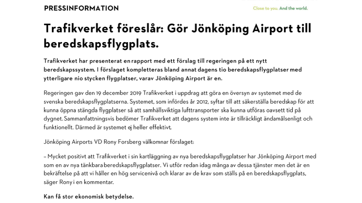 Trafikverket föreslår: Gör Jönköping Airport till beredskapsflygplats