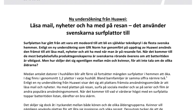Ny undersökning från Huawei:  Läsa mail, nyheter och ha med på resan – det använder svenskarna surfplattor till