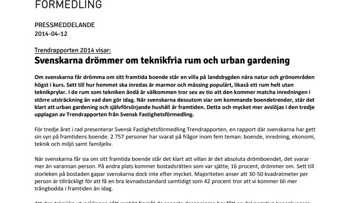 Trendrapporten 2014: Svenskarna drömmer om teknikfria rum och urban gardening