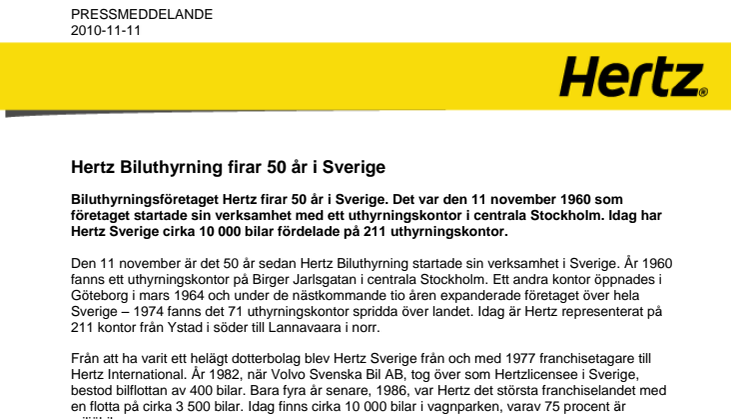 Hertz Biluthyrning firar 50 år i Sverige