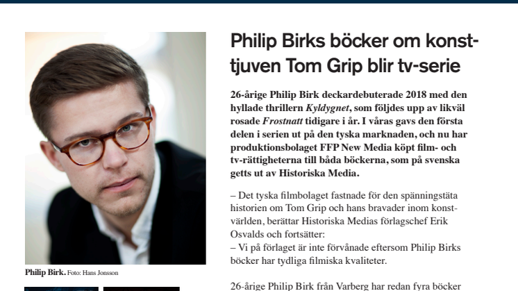 Philip Birks böcker om konsttjuven Tom Grip blir tv-serie