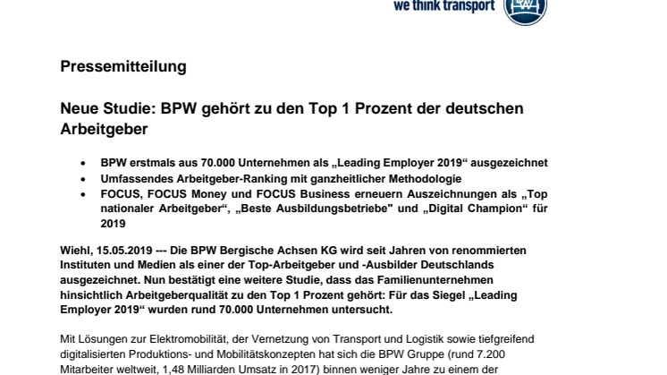 Neue Studie: BPW gehört zu den Top 1 Prozent der deutschen Arbeitgeber 