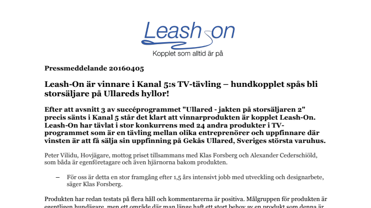 Leash-On är vinnare i Kanal 5:s TV-tävling – hundkopplet spås bli storsäljare på Ullareds hyllor!