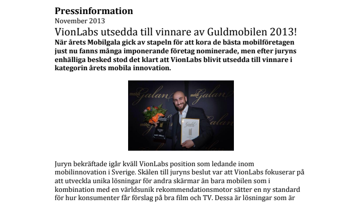 VionLabs utsedda till vinnare av Guldmobilen 2013! 