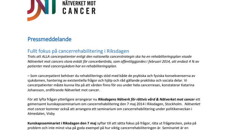 Fullt fokus på cancerrehabilitering vid seminarium i Riksdagen den 7 maj.