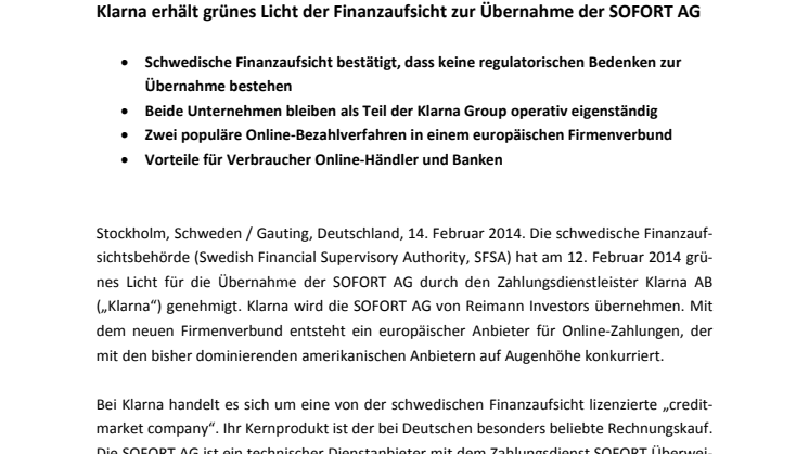 Klarna erhält grünes Licht der Finanzaufsicht zur Übernahme der SOFORT AG