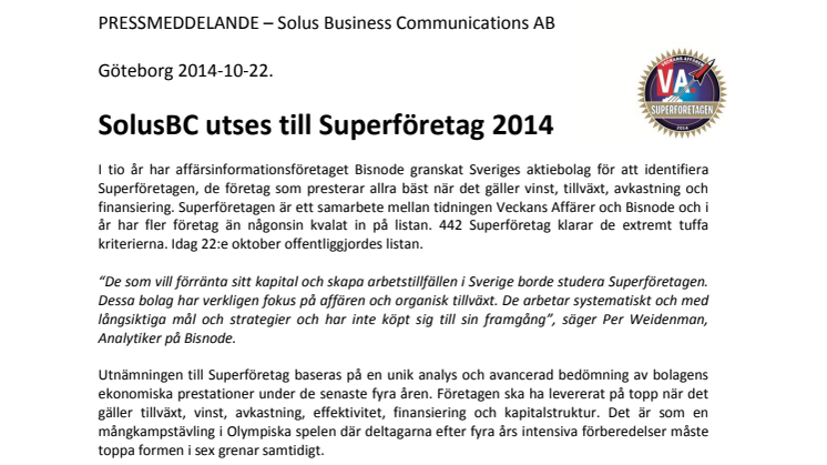 SolusBC ett Superföretag 2014