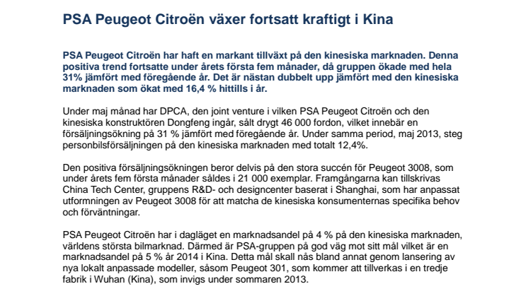 PSA Peugeot Citroën växer fortsatt kraftigt i Kina