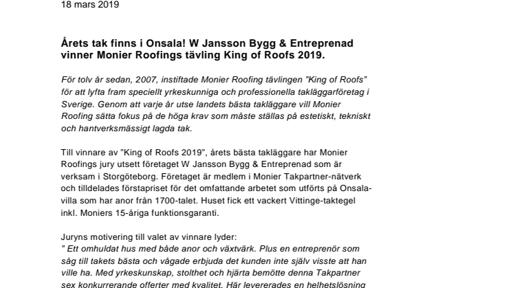 Årets tak finns i Onsala! W Jansson Bygg & Entreprenad vinner Monier Roofings tävling King of Roofs 2019.