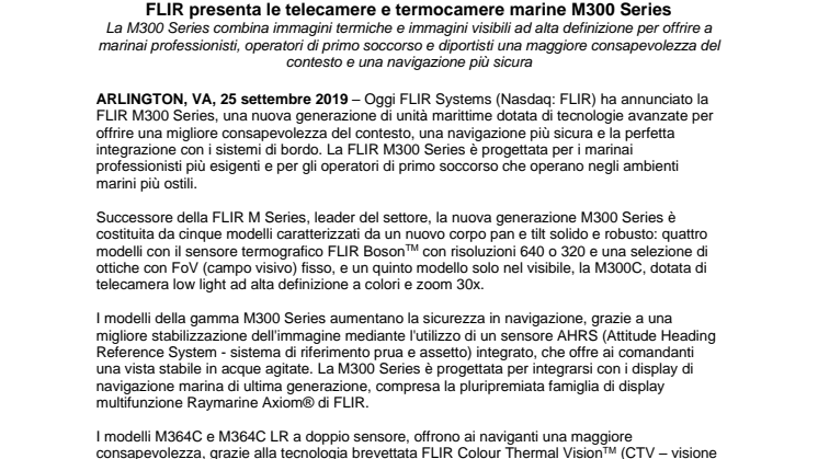 FLIR presenta le telecamere e termocamere marine M300 Series