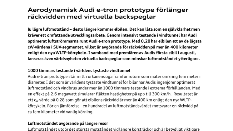 Aerodynamisk Audi e-tron prototype förlänger räckvidden med virtuella backspeglar